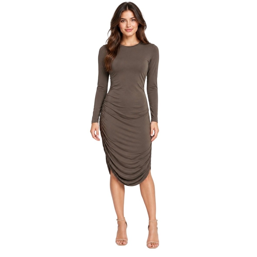 Good American Ruched Long Sleeve Midi Dress Brown Taupe Size 1 Small